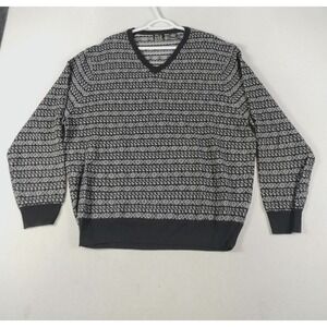 Jos A Bank Sweater Mens XL Black Merino Wool Fair Isle V Neck Pullover Knit